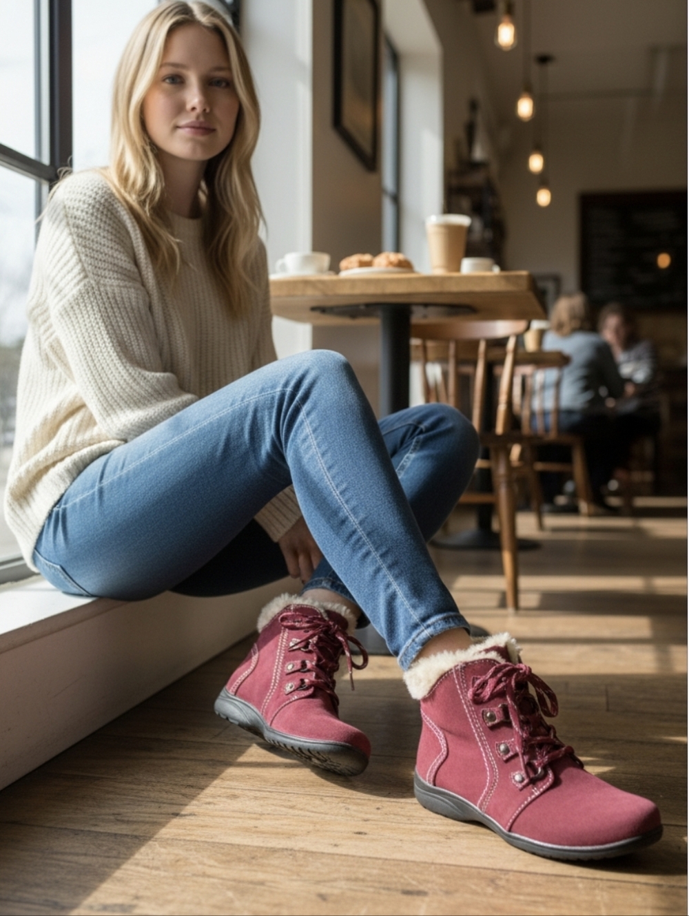 Earth Origins Burgundy Suede Lace-Up Side Zipper Ankle Boots with Faux-Fur Trim.